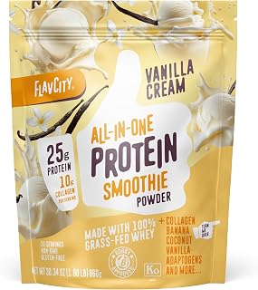 FlavCity All-in-One Protein Smoothie Powder, Vanilla, 20 Servings | 20g Protein, 10g Collagen, Functional Mushrooms, 100% Grass-Fed Whey, Supports Focus, Skin, Hair, and Joints