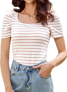 Aottori T-Shirt Short Sleeve Women Basic Top T-Shirt Stripe Elegant Square Neck T-Shirts Cotton Lightweight Casual Pullover Tunic