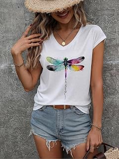Women's Plus Size Dragonfly Print V Neck Casual Short Sleeve Loose T Shirt Tops 1XL-5XL