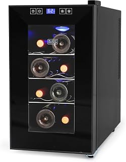 BLACK+DECKER 8-Bottle Thermoelectric Wine Cellar, BD60026, Black | Countertop Mini Fridge with Triple Pane Clear Glass Door, Bar Cabinet with LED Display, Slide-Out Chrome Racks