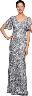 Alex Evenings Women's Long Mother of The Bride Sequin Dress with Cold Shoulder Flutter Sleeves (Petite and Regular Sizes)