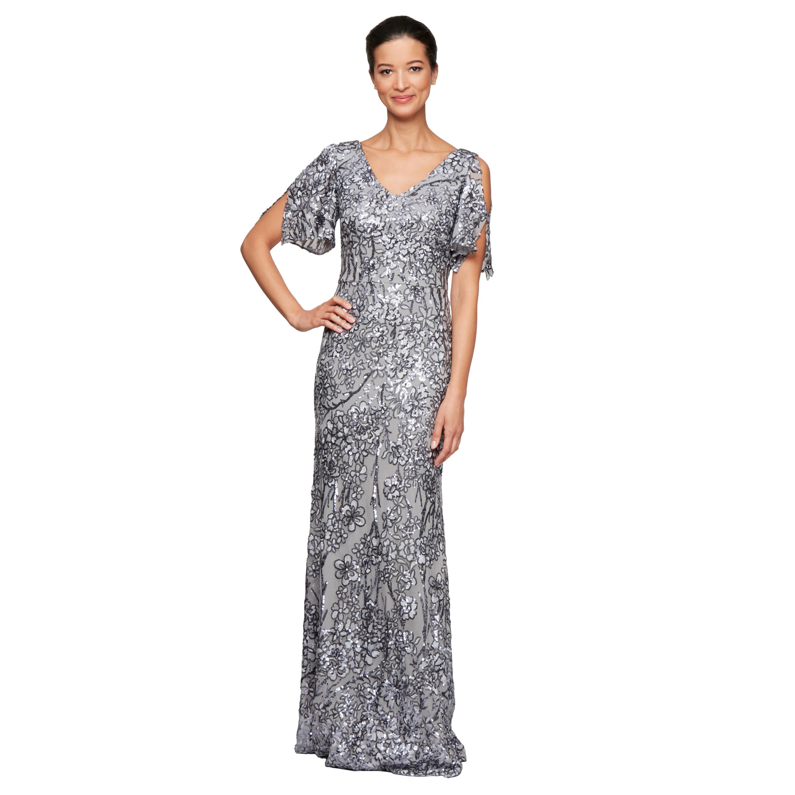 Alex Evenings Women's Long Mother of The Bride Sequin Dress with Cold Shoulder F