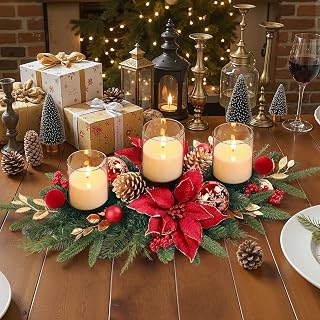 Alupssuc 28" Red Gold Christmas Centerpiece with 3 Candle Trays,1 Pcs | Candle Holders Trays,Dining Table Decoration with Baubles, Pine Cones, Red Berries, Spruce Branches, Flower for Christmas