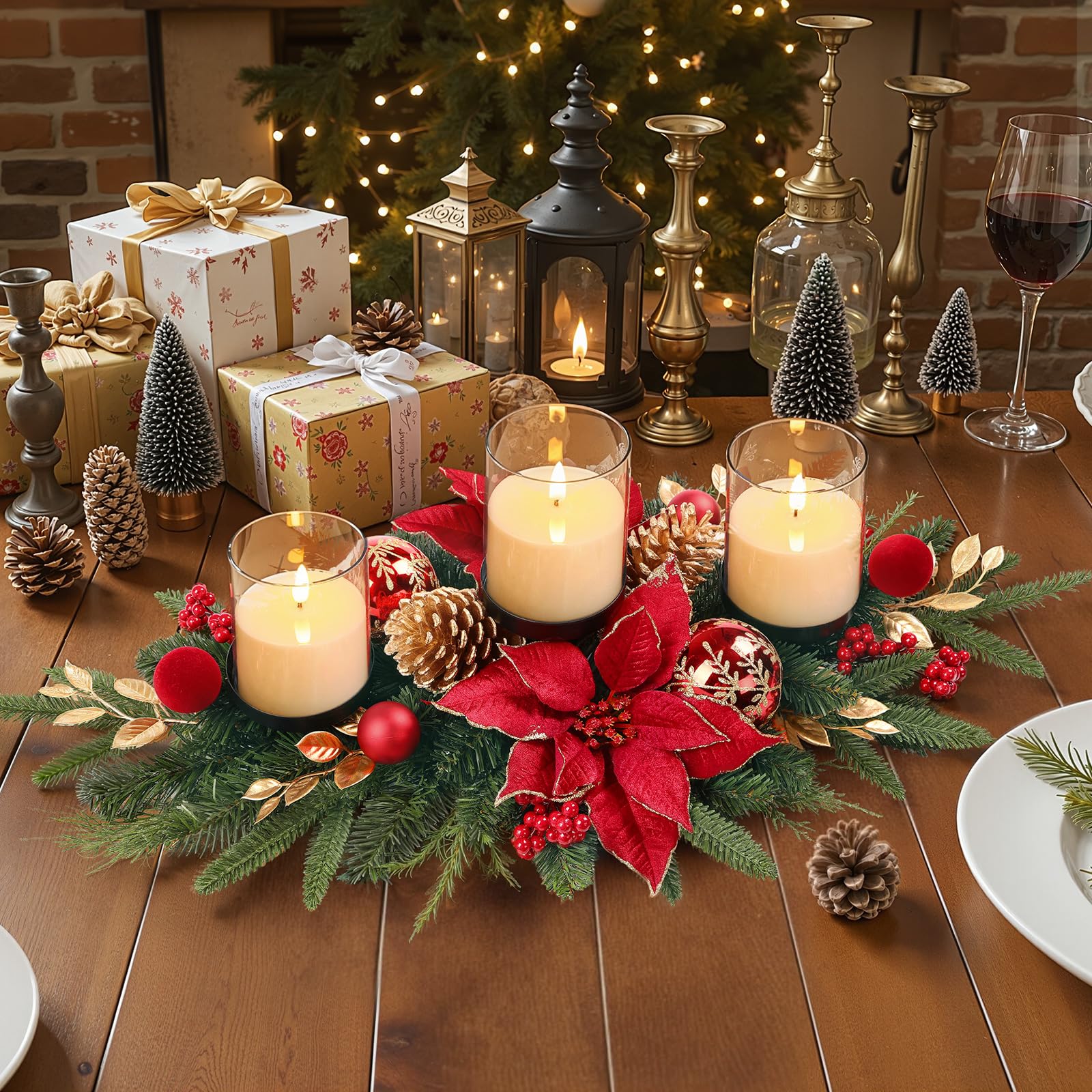 Alupssuc 28" Red Gold Christmas Centerpiece with 3 Candle Trays,1 Pcs | Candle H