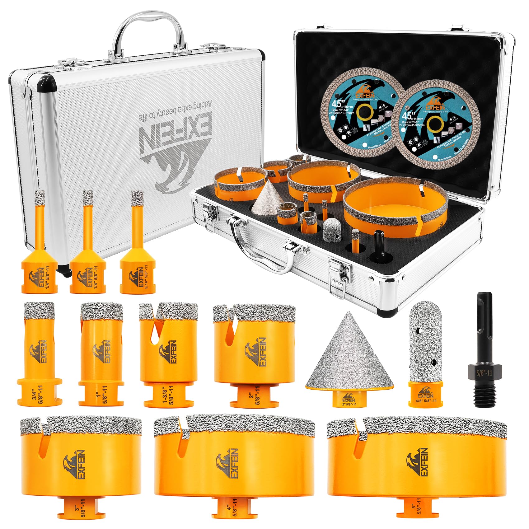 Tile Hole Saw Kit 15pcs - Diamond Core Drill Bits(1/4"-5") + 2pcs 4.5" Tile Blad