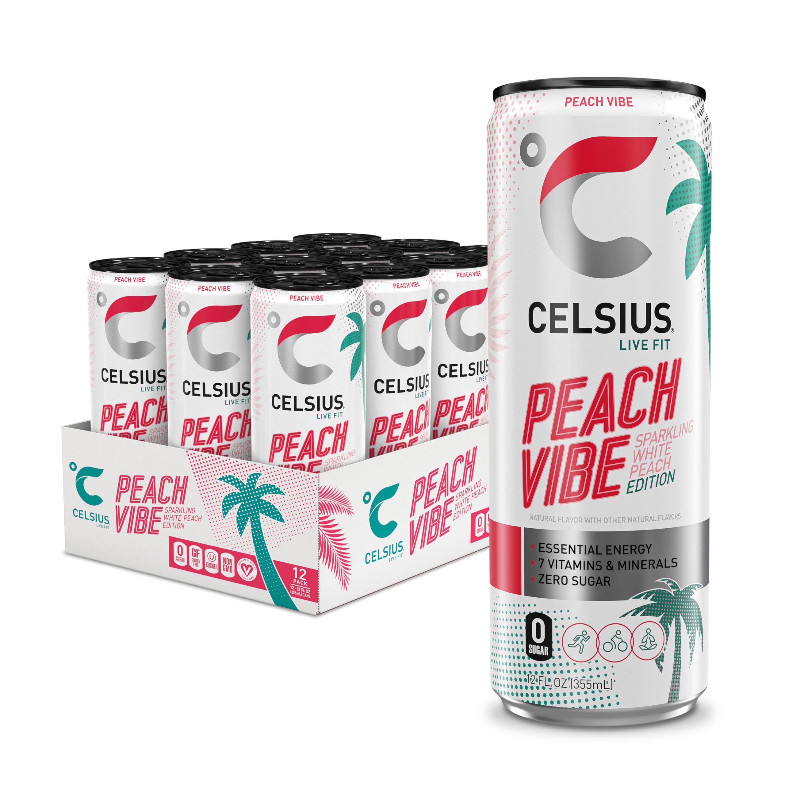 CELSIUS PEACH VIBE Sparkling White Peach, Sugar Free Energy Drink, 12 Fl Oz (Pac