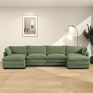 ROWHY 148'' Modular Sectional Cloud Couch with 2 Movable Ottomans, Oversized 6 Seat Modern Corduroy Sofas, Deep Seat U Shaped Couch for Living Room Bedroom Apartment,Green