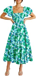 PRETTYGARDEN Women's Casual Summer Midi Dress Puffy Short Sleeve Square Neck Smocked Tiered Ruffle Dresses