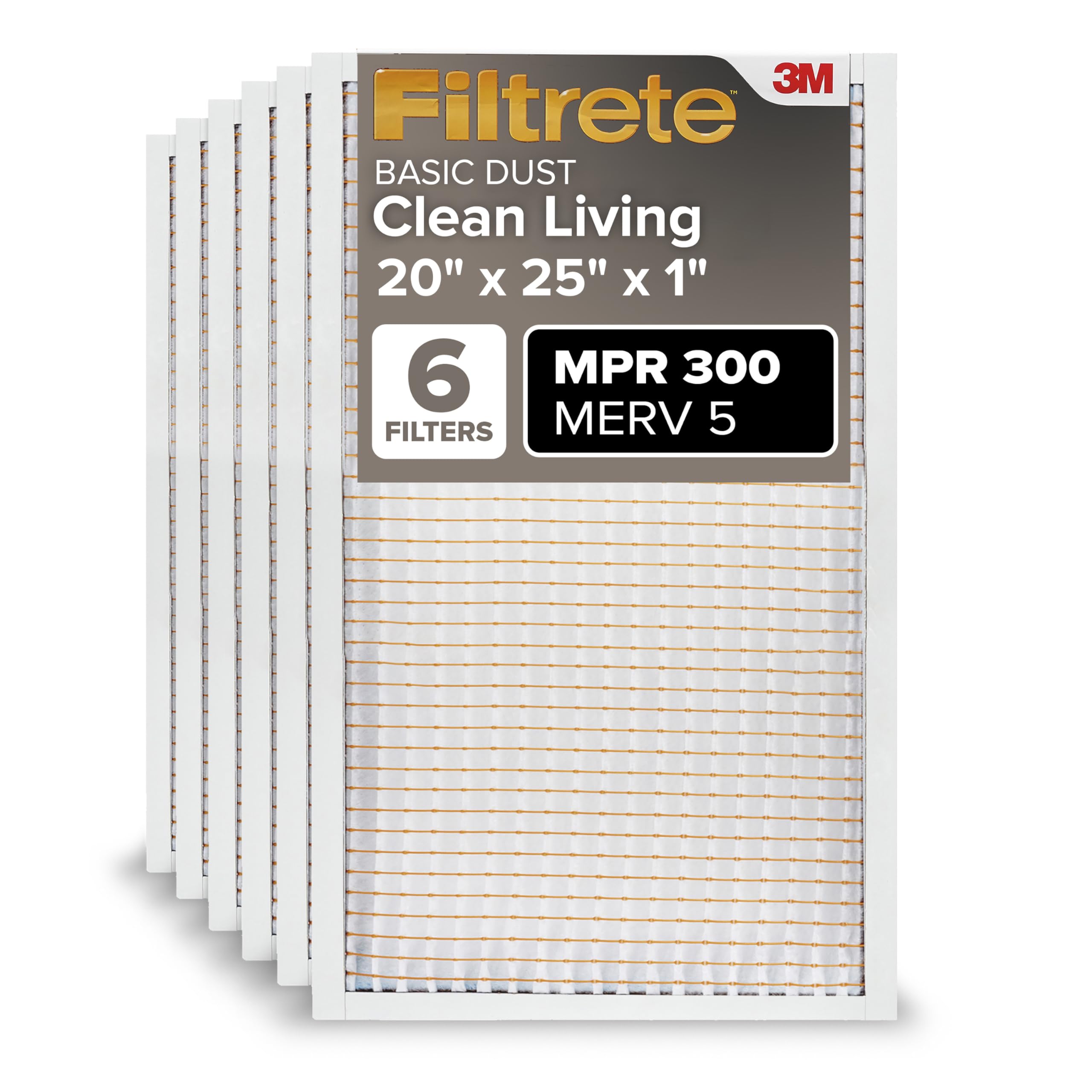 Filtrete 20x25x1 Air Filter, MERV 5, MPR 300, 6 HVAC Filters | Basic Dust & Lint
