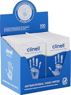 Clinell Antimicrobial Hand Wipes - Pack of 100 Individually Wrapped Sachets - Sanitising Wipes, Ideal for Travel - Dermatologically Tested, Kills 99.99% of Germs