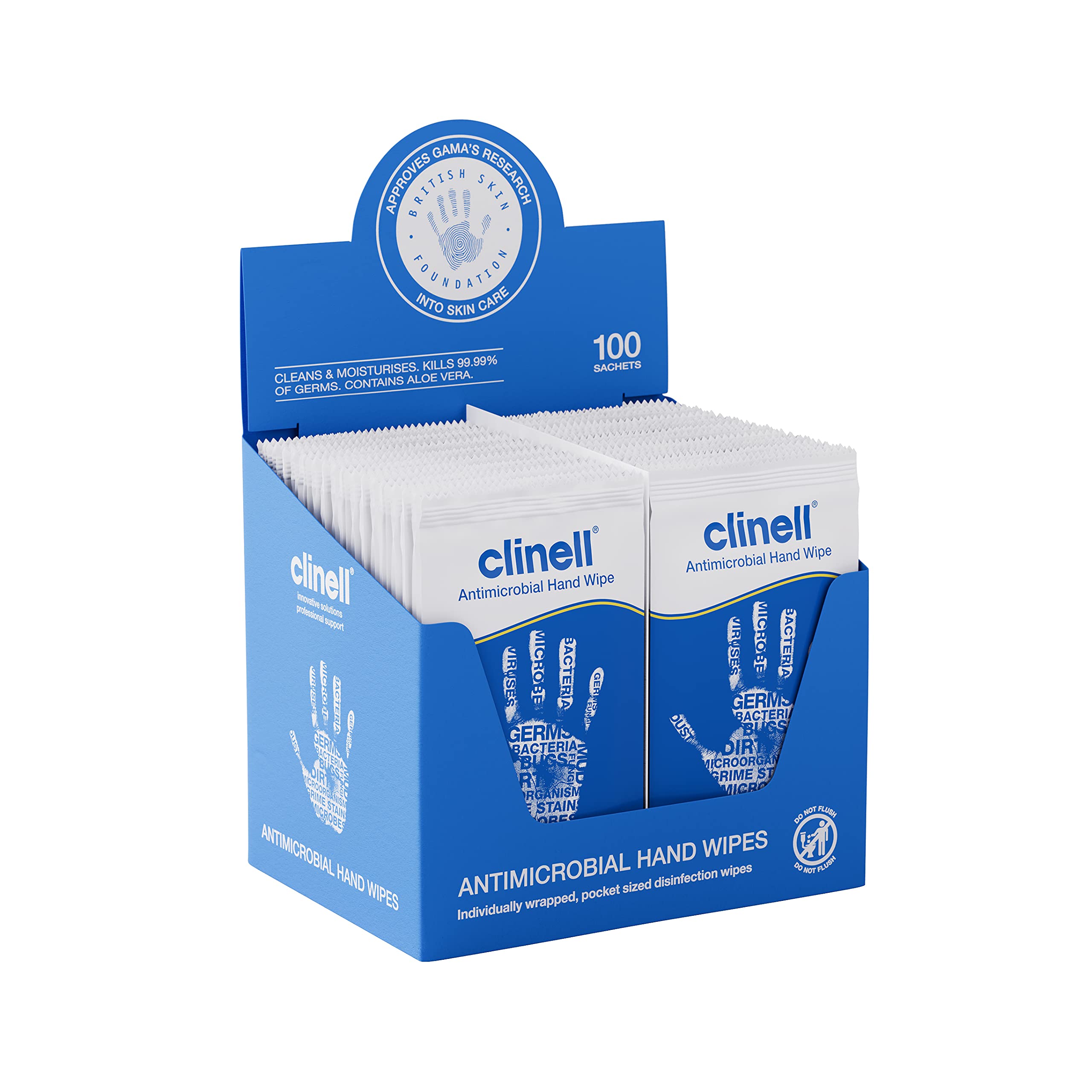 Clinell Antimicrobial Hand Wipes - Pack of 100 Individually Wrapped Sachets - Sa