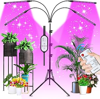 Sondiko LED Grow Light with Tripod Stand&Remote Control, Timed Plant Light | Built-in 4/8/12H auto timer, 10 dimmable brightness levels and 3 color modes, supports remote and line-in dual control
