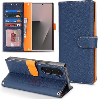 Genuine Leather Case for Galaxy Z Fold6 Wallet Case for Samsung Galaxy Z Fold 6 5G Magnetic Flip Cover Book Purse Card Holder Kickstand Shockproof Phone Cover-Blue+Orange
