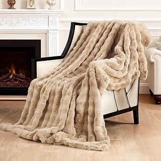 SAPHREAS Fluffy Faux Rabbit Fur Throw Blanket for Sofa Bed, Fuzzy Bubble Blanket for Travel Couch Living Room, Decor Soft Cozy Warm Gifts for Women Men, 150x200cm Khaki