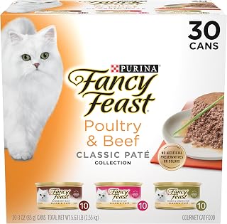 Purina Fancy Feast Classic Pate Wet Cat Food, 3 oz Cans, 30-Pack | Variety Pack, grain free recipes crafted with poultry and beef, made with no artificial colors or preservatives