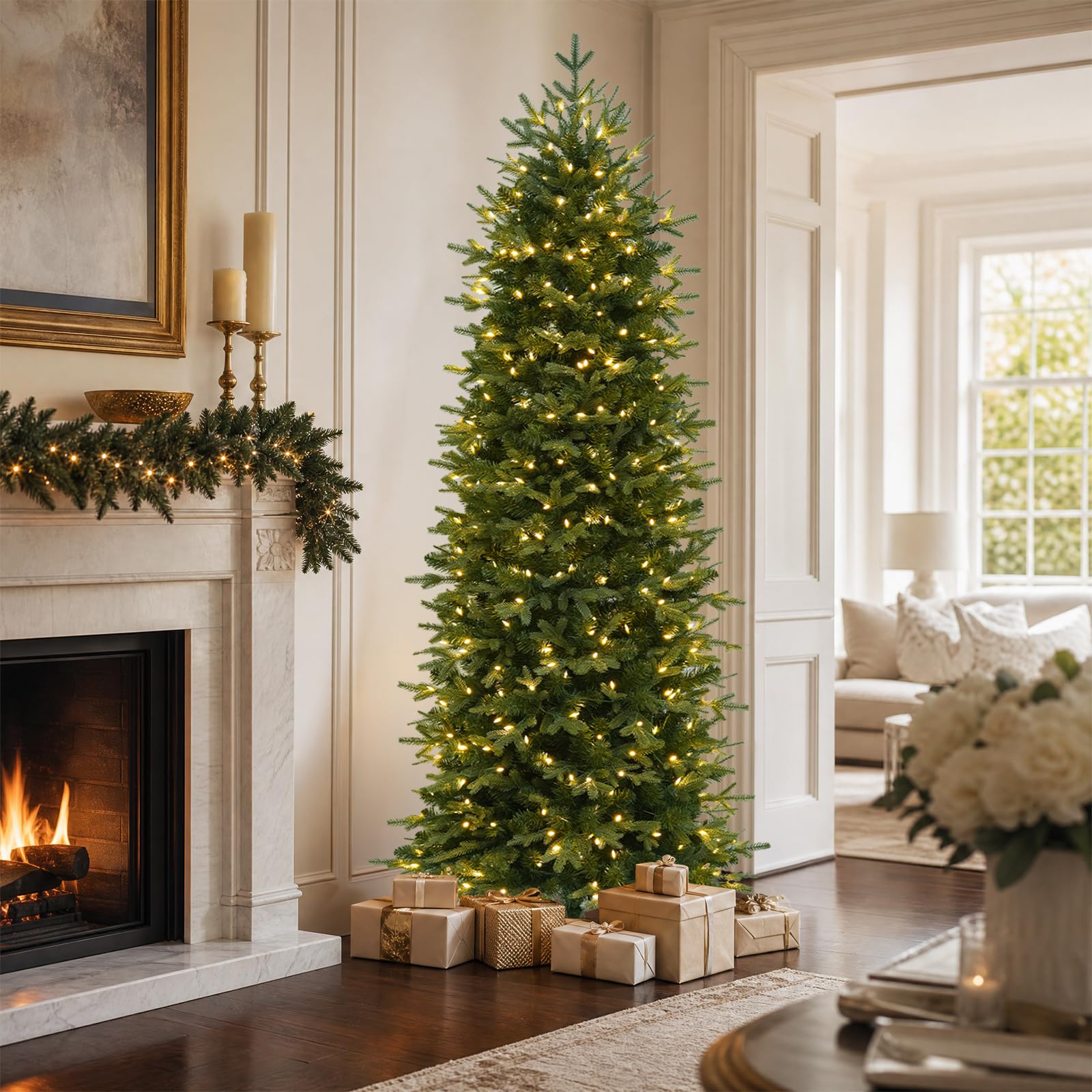 Hykolity 6 ft Prelit Pencil Christmas Tree with 300 Warm White LEDs | 1,622 Mixe