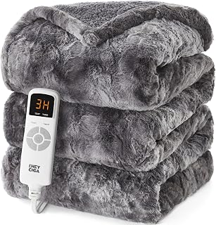 EHEYCIGA Electric Heated Throw Blanket 50"x60", Faux fur & sherpa , Grey | ETL certified with overheat protection, 9 Heat & 10H Auto-Off, 85-110°F, , Machine washable, Perfect for bed, office, couch