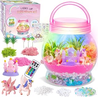 Meland Unicorn Terrarium Kit, Light-Up Craft Gift for Girls Ages 5-12 | Light-up terrarium kit with carry handle, remote 13-color lid light and separate string lights for crafting and bedroom decor