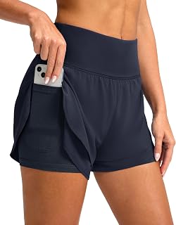 SANTINY 2 in 1 Running Shorts for Women with 3" High Waist Pockets Workout Athletic Shorts with Lining