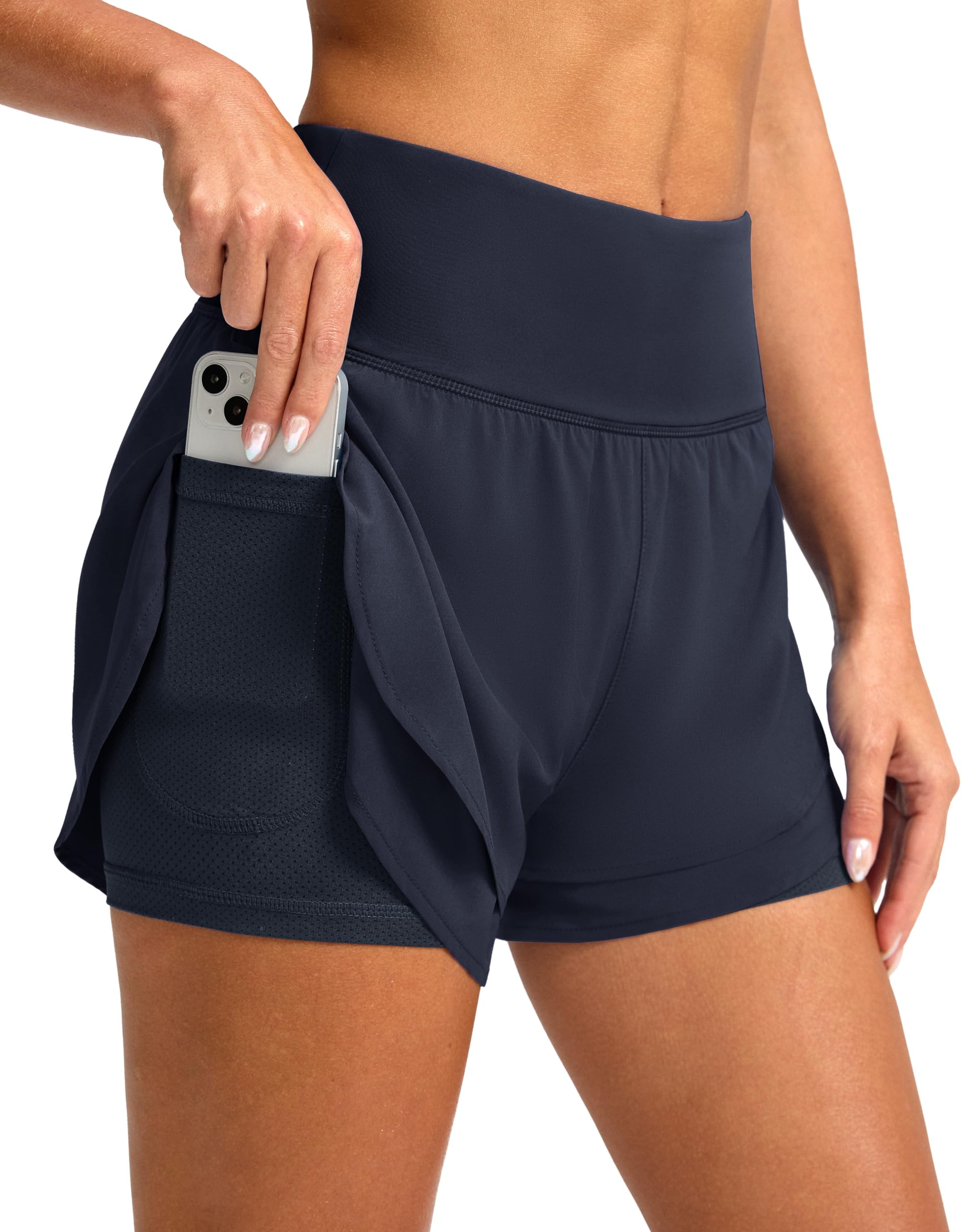 SANTINY 2 in 1 Running Shorts for Women with 3" High Waist Pockets Workout Athle