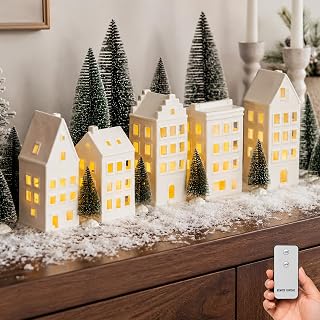 Gleemoria 15PCS Tall Lighted Christmas Village Set, Ceramic Christmas Decor | 15PCS white Christmas village house set with 5 ceramic houses, 10 trees, remote control lights and tea lights for home decor.