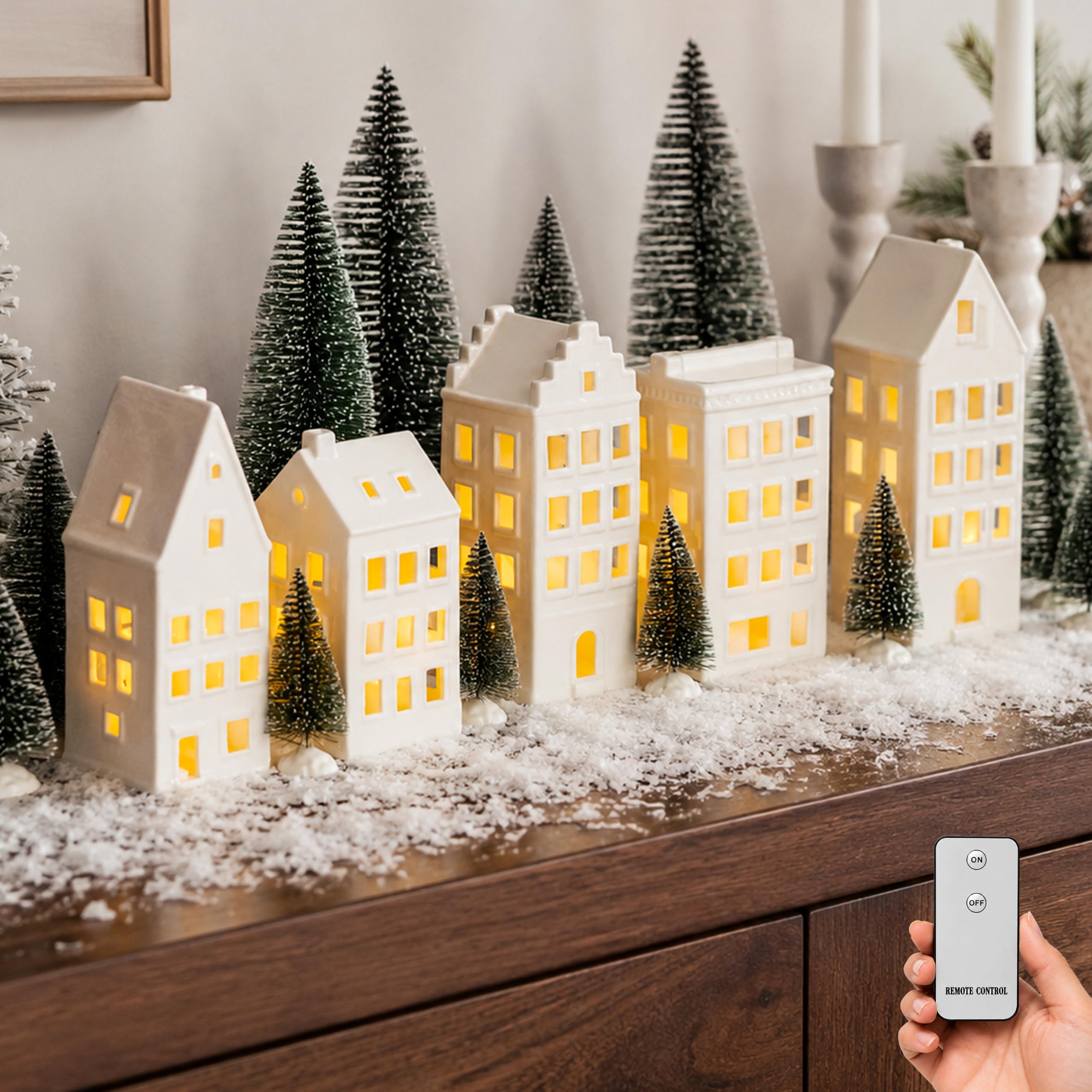 Gleemoria 15PCS Tall Lighted Christmas Village Set, Ceramic Christmas Decor | 15