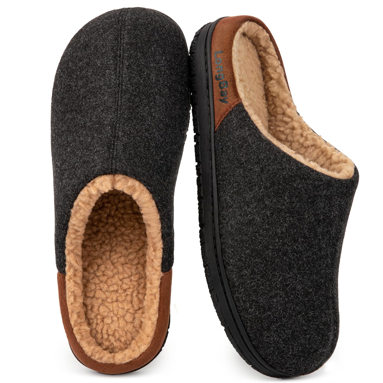 LongBay Mens Wool Slippers Memory Foam Slippers Soft Sherpa Lined Indoor Outdoor