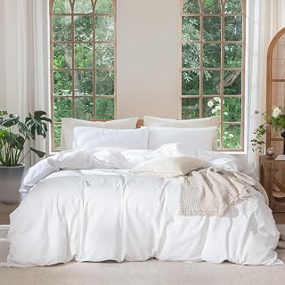 MOOMEE 100% Washed Cotton Linen Like Textured Duvet Cover Set, Breathable Durable Soft and Comfy (Solid Bright White, King, 104"x90")