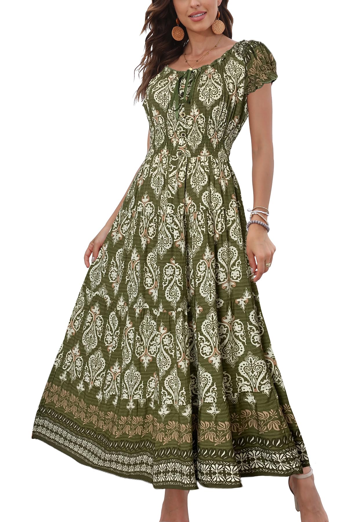 OSTOO Women's 2026 Maxi Dress Short Sleeves Boho Floral Print Tiered Casual Flow