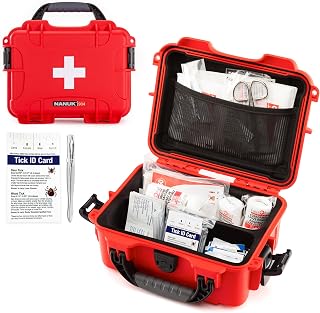 NANUK 904 Waterproof First Aid Kit 110pcs – Durable, Pre-Stocked First Aid Emergency Kit with Bandages, Tick Removal Tool, and More – Dustproof, Impact-Resistant, Floats (10.2" x 7.9" x 4.5") – Red