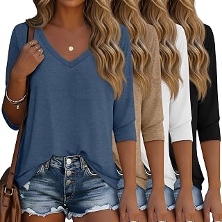 Ficerd 4 Pack Women's 3/4 Sleeve V Neck T Shirts Casual Cotton Basic Fashion Tunic Tops