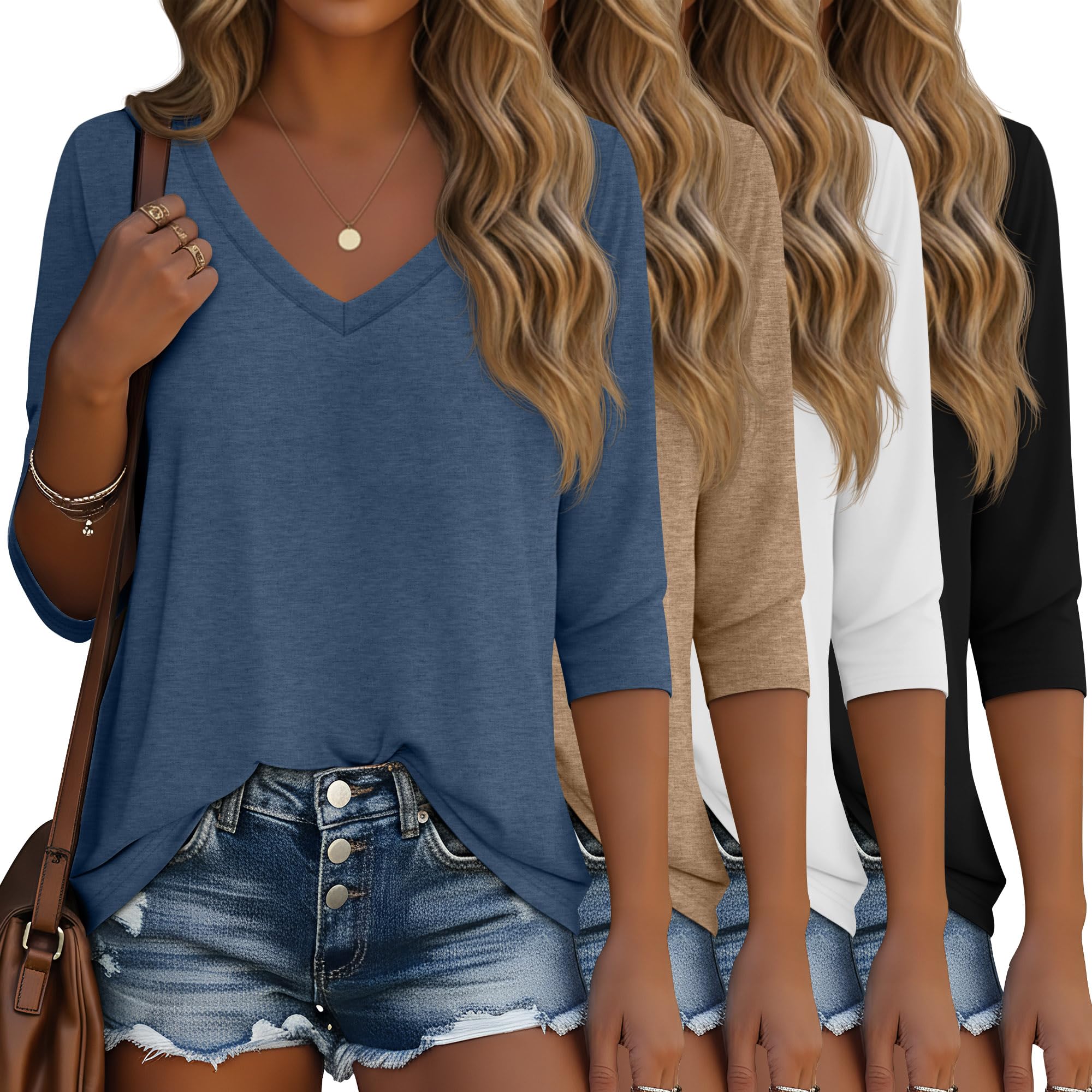 Ficerd 4 Pack Women's 3/4 Sleeve V Neck T Shirts Casual Cotton Basic Fashion Tun