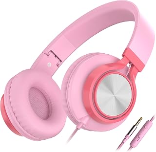 Kids Wired Headphones with Mic for School Girls Women, 3.5mm Jack, Pink