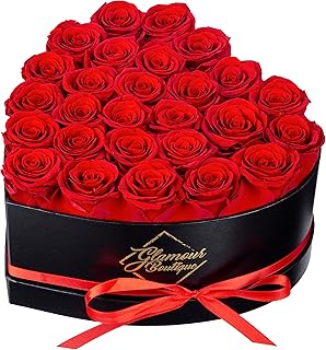 GLAMOUR BOUTIQUE Preserved Flowers, 27 Forever Red Roses in Heart Gift Box | Luxury floral arrangement for women, anniversary present for a couple, husband or wife, unique romantic table decoration