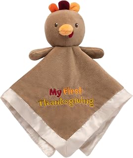 Plush Turkey Snuggle Buddy, Security Blanket with Toy Rattle and Satin, My First Thanksgiving Embroidery, Brown Turkey, 13 inches