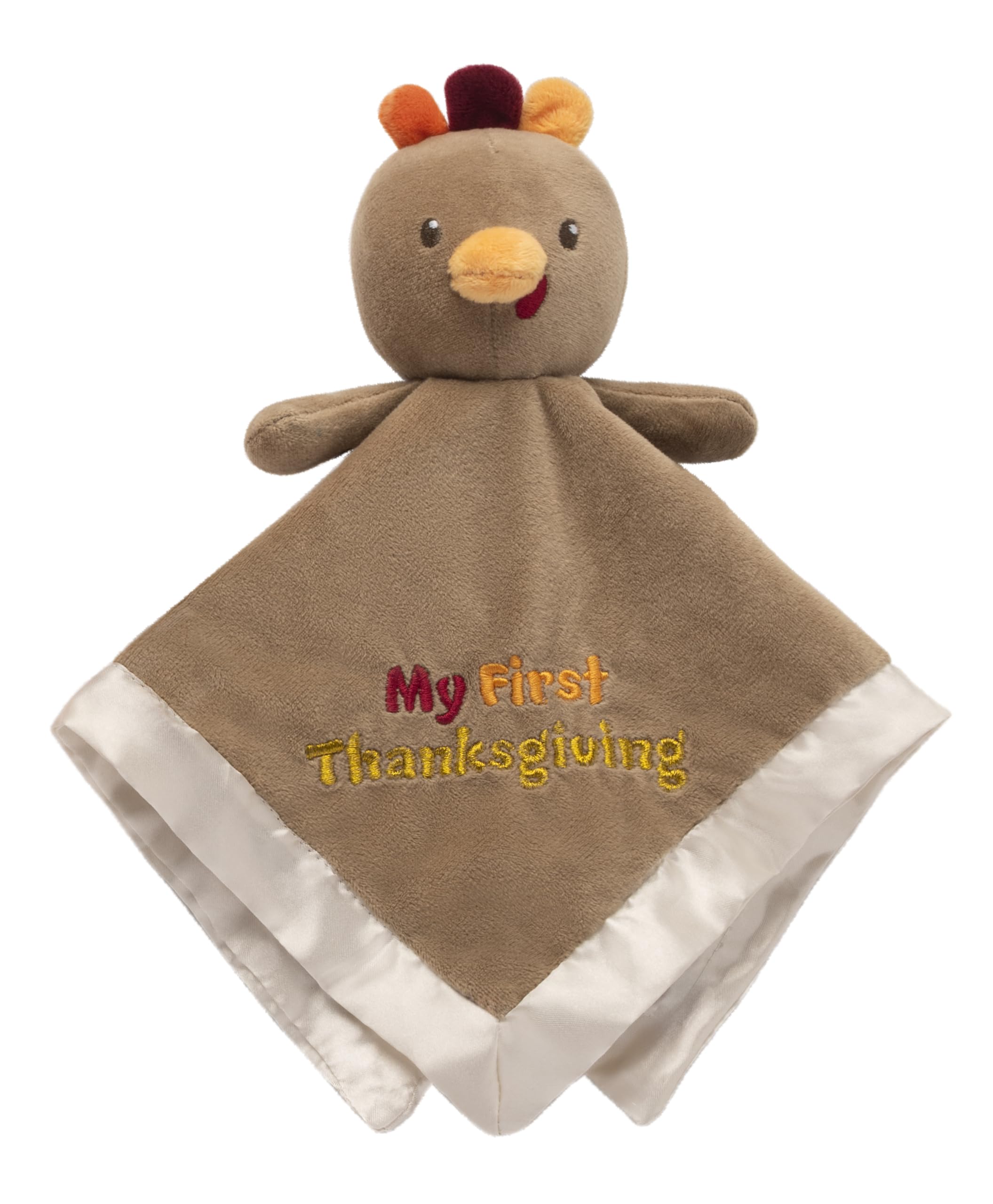 Plush Turkey Snuggle Buddy, Security Blanket with Toy Rattle and Satin, My First