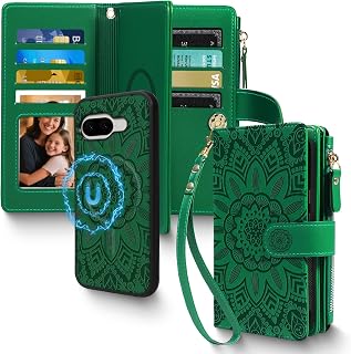 2 in 1 for Google Pixel 9 Pro XL / 10 Pro XL Wallet Case Magnetic Compatible with Magsafe RFID Blocking Card Holder Detachable Phone Cover Zipper Purse Kickstand Wrist Strap for Women Floral Green
