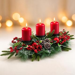 YULETIME 28" Christmas Triple Candelabrum, Red Baubles, Berries, Pine Cones | Three Trays Holder, Tray diameter 3.15-in, Candles Not Included, Holiday Centerpiece, Red Theme