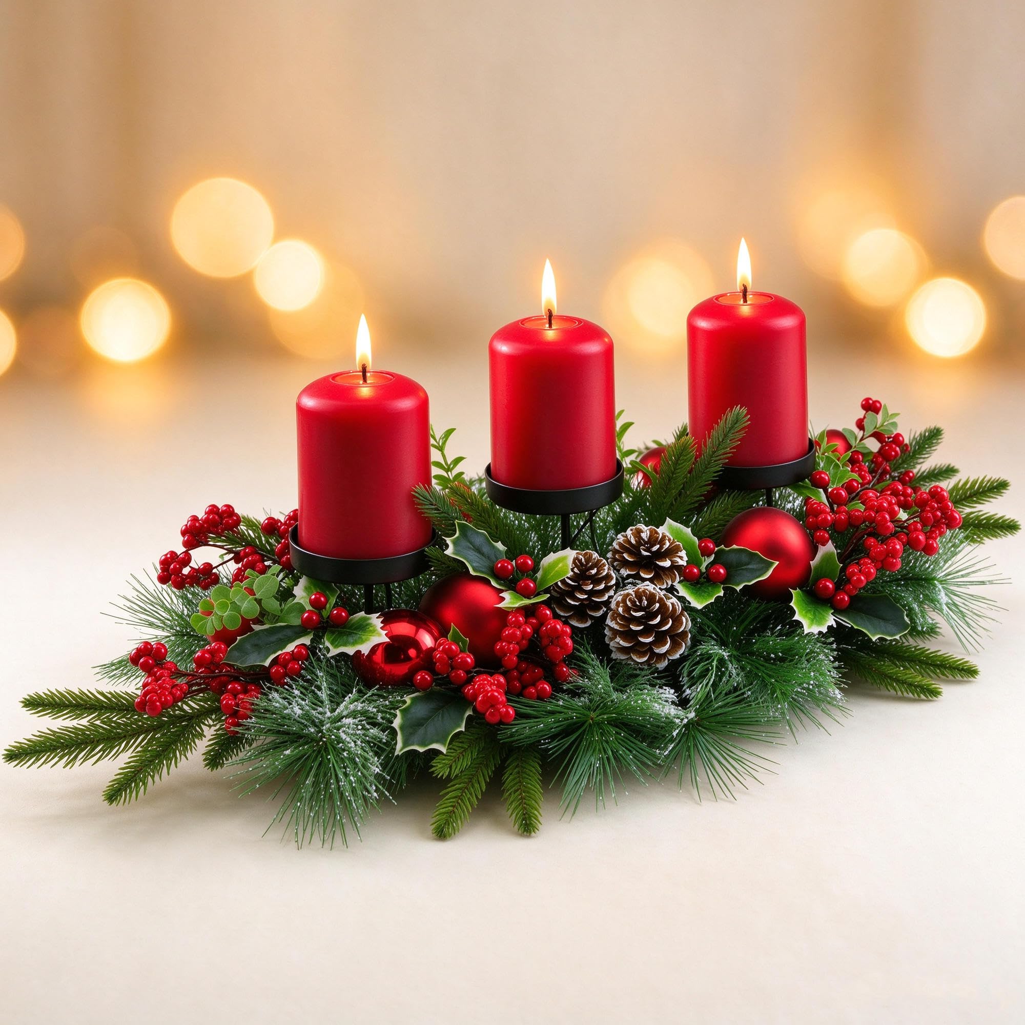 YULETIME 28" Christmas Triple Candelabrum, Red Baubles, Berries, Pine Cones | Th