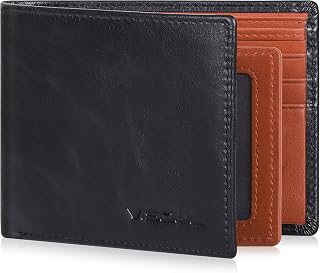 VISOUL Mens Bifold Wallet with 2 ID Windows and 2 Money Compartments, Genuine Leather Designer Wallet with RFID Blocking, Stylish Two-tone Back Wallet for Men (Black and Orange)