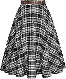 Belle Poque Women's Plaid A-line Skirt Vintage Pleated Flared Midi Skirts Fall Winter Skirts with Pockets & Belts