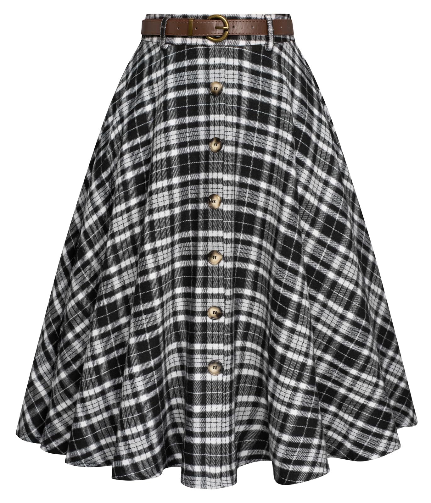 Belle Poque Women's Plaid A-line Skirt Vintage Pleated Flared Midi Skirts Fall W
