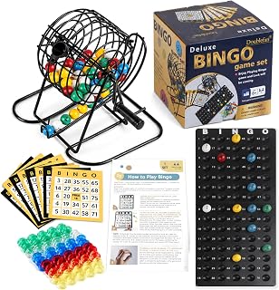 Doublefan Bingo Game for Adults, Party Games for Family, Easy Carry Size | 75 Numbered Colorful Balls, Small Metal Bingo cage, 17 Score Cards ,150 Marker, Board Games for Large Group