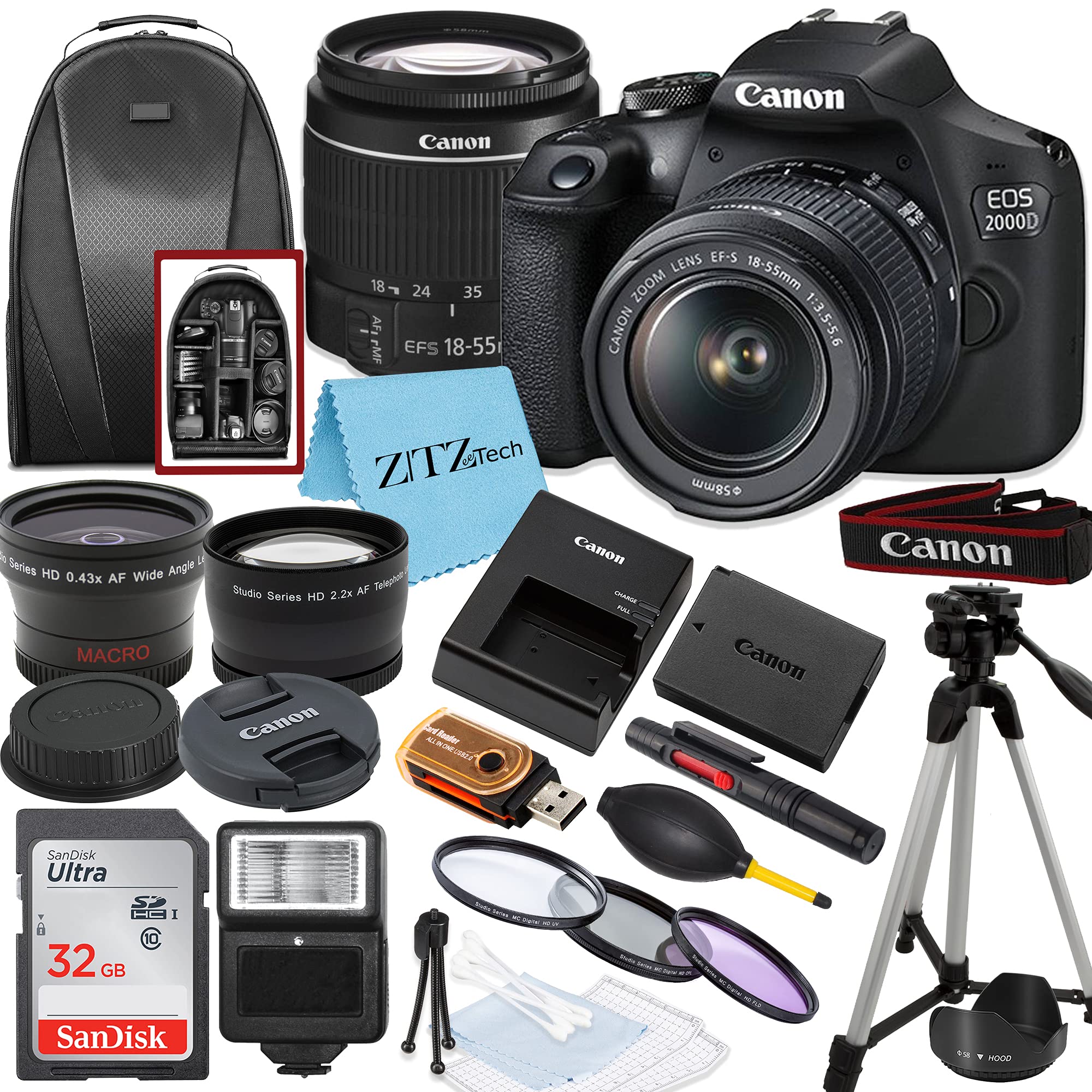 Canon EOS 2000D / Rebel T7 DSLR Camera with EF-S 18-55mm Lens + SanDisk 32GB Car