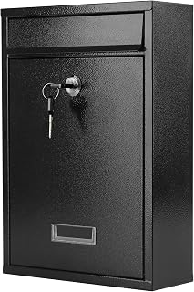 KYODOLED Locking Mailbox for Outside, Large Black Wall Mount Mail Drop Box | Key Lock with 2 Keys, Clear Viewing Window, Secure Drop Slot for Rent Checks & Payments, 0.8 mm Steel Body, for House, Office