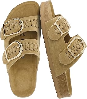 CUSHIONAIRE woman slip on suede sandal double strap braided design adjustable large buckle women