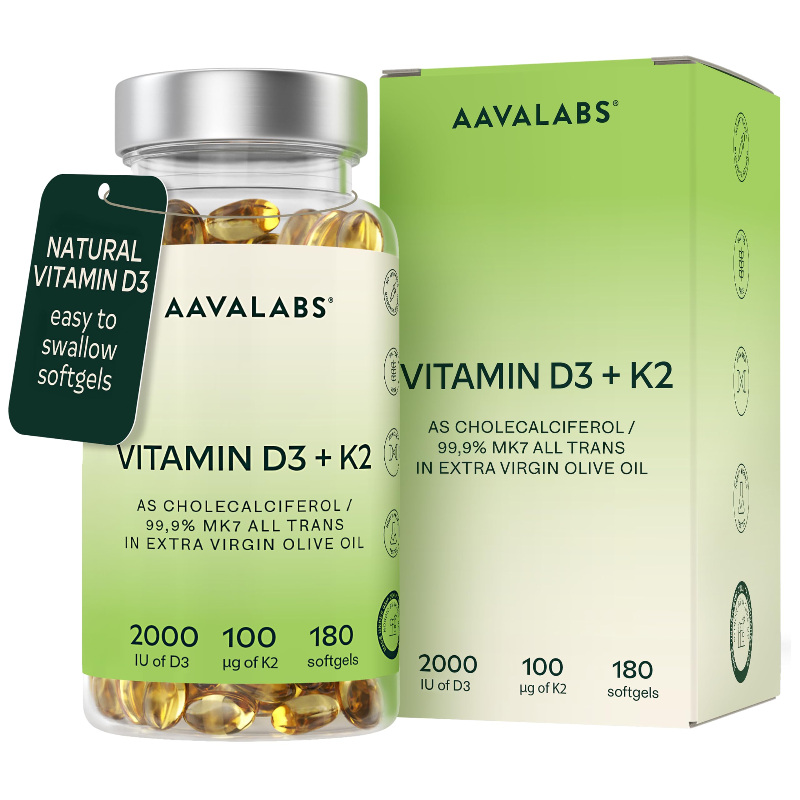 Vitamin D3 K2 MK7 (99.9% All-Trans) with Extra Virgin Olive Oil - 180 Softgels D