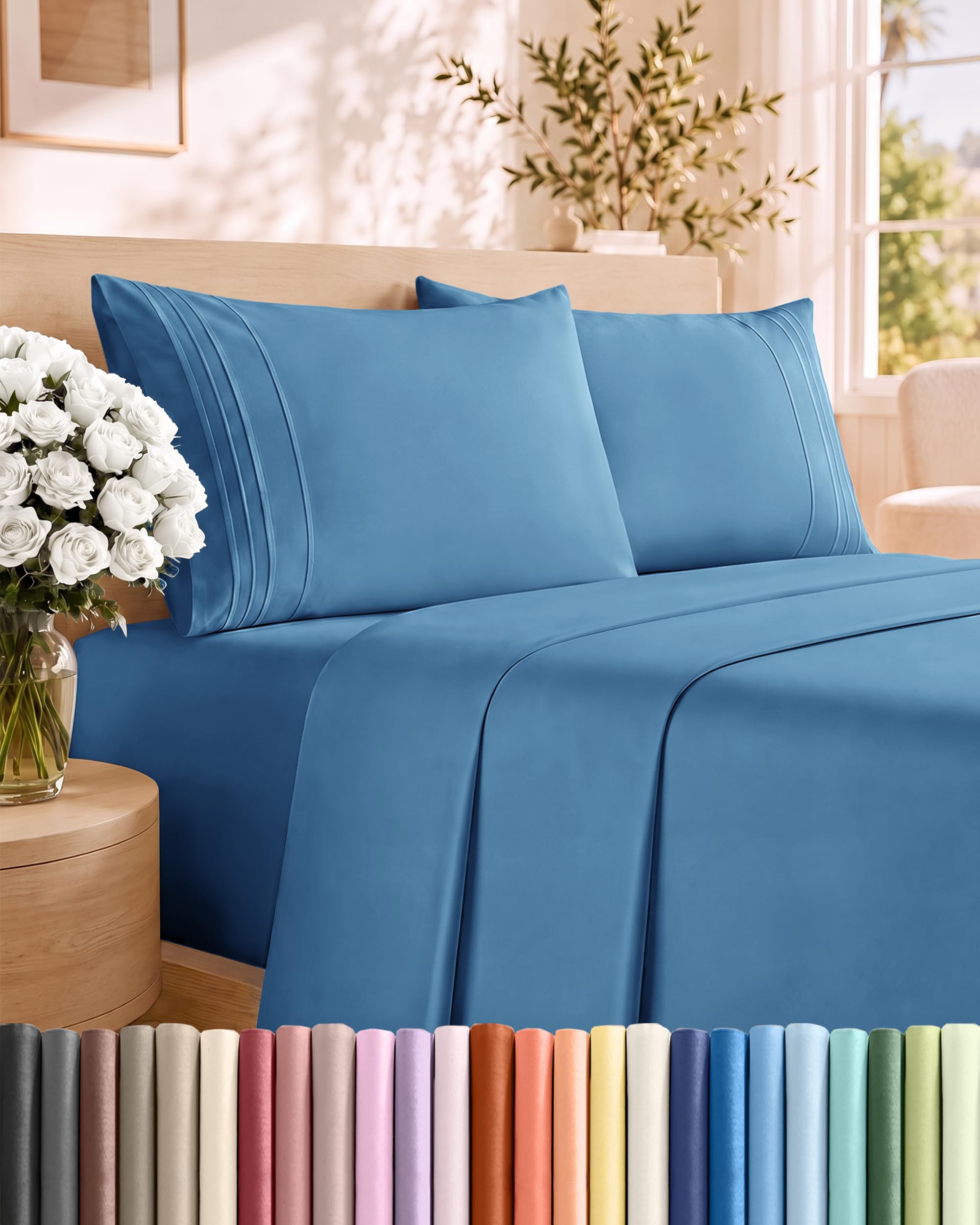 Full Size 4 Piece Sheet Set - Breathable & Cooling Sheets - Denim Blue