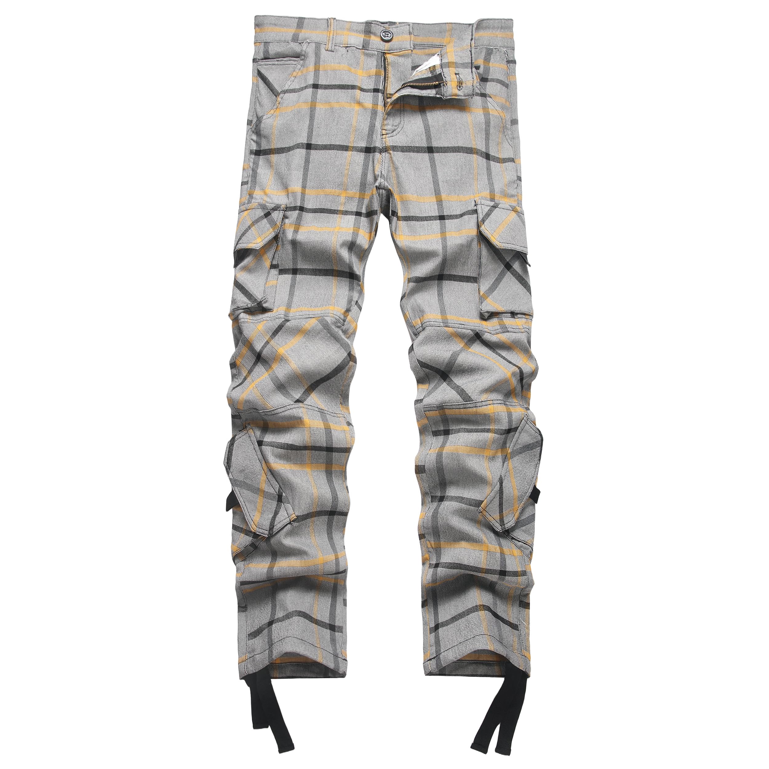 NOVOCCT Men's Plaid Cargo Pants Stretch Relaxed Fit 9-Pockets