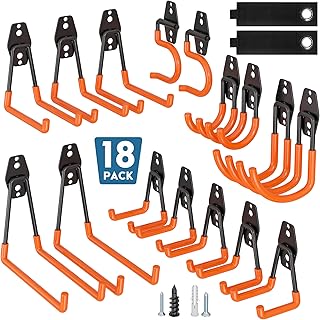 BONTEC 18 Pack Orange Garage Storage Hooks, Heavy Duty U, J and S 3 Designs | Steel construction, anti-slip coating, holds 502 kg on brick, 211 kg on plasterboard, for tools, bikes, ladders, easy fitting